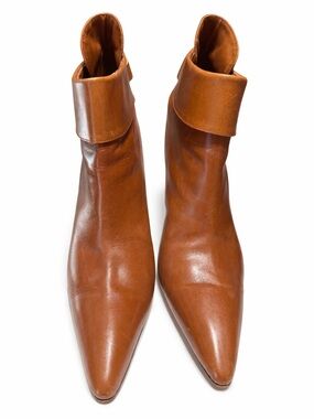 Autographed Manolo Blahnik Tan Leather Ankle Booties with Folded Cuff